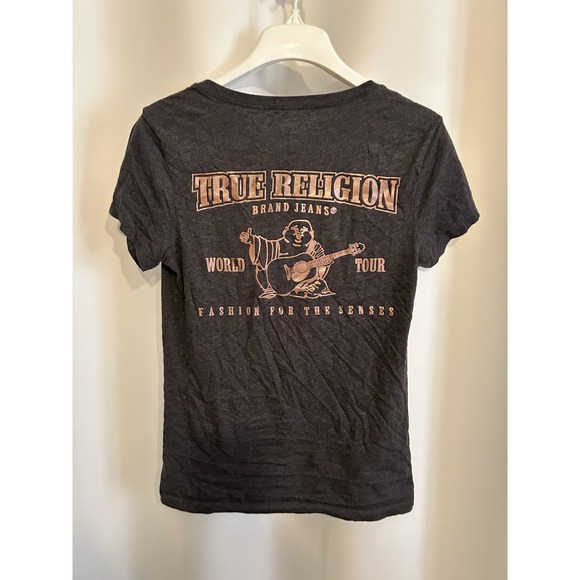 True Religion Women's Buddha Logo Script Deep V-Neck Tee T-Shirt‎ - Picture 2 of 7